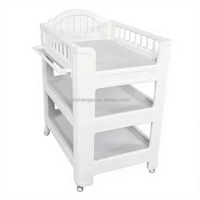 3-Layer Storage Plastic Baby Changing Table With Wheels Drawers Detachable Wash Basin Infant Nursery Care Station