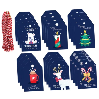 SAFIGLE 100 Pcs Rectangular Paper Christmas Tags with String Kraft Printed Festive Labels for Party DIY Decoration