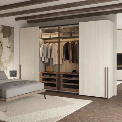 Modern Vertical Grooved Wardrobe Floor-to-Ceiling Closet with Fluted Doors & Hidden Long Bar Handles & Integrated Display Shelf
