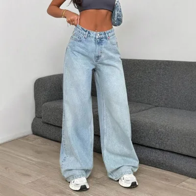 Retro European American High Streetwear Commuter Light-colored Light Wash Quick Dry Straight Slim Look Wide Leg Trailing Pants