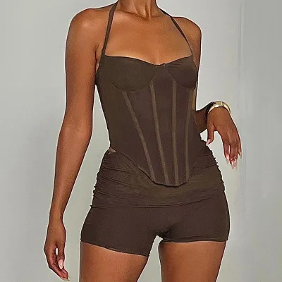 FS15674D Street Wear Sexy tank Tops Women Autumn Two Piece Shorts Sets