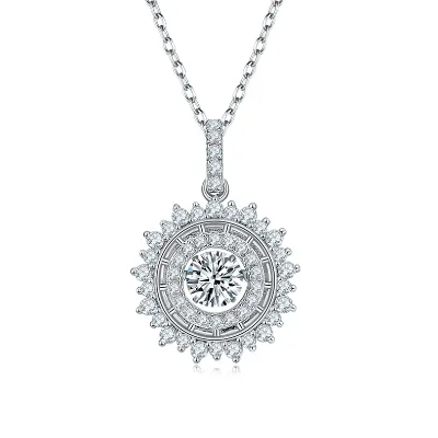 Round Moissanite Necklace for Women 925 Sterling Silver with Deluxe Diamond Surround Brilliant Cut Collar Chain