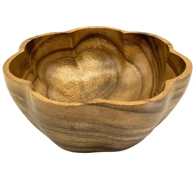 Hot Sale Round Wooden Serving Bowl Circular Scalloped Shape Hand Carved Acacia Wood Bowl for the Dining Table and Kitchen