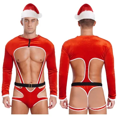 Men Christmas Santa Nightwear Cosplay Costume Long Sleeve Bodysuit With Hat Sets for Date Night Anniversary Halloween Cosplay