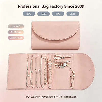 OEM&ODM Wholesale PU Leather Travel Jewellery Roll Bag Foldable Travel Jewelry Roll Organizer Envelope Pouch