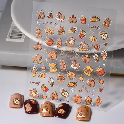 FEB-776 2025 Three-dimensional Cute Coffee Little Bear Children Cartoon Relief French Fries Nail Sticker