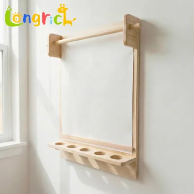 Wood Drawing Board for Children with Geometric Shape Storage Shelf Paper Roll Dispenser