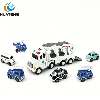 HT SX600-22A 7 in 1 Friction Cars Toy Ambulance Fire Police Helicopter Transport Multi-combination Friction Power Cars Toy