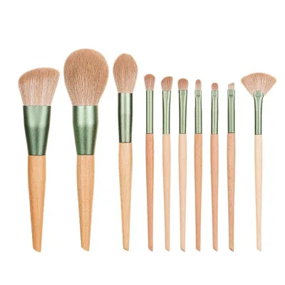 10PCS Green & Natural Wood Makeup Brush Set Soft Powder Blush & Eye Shadow Brushes Cosmetic Tools for Beginners Customizable