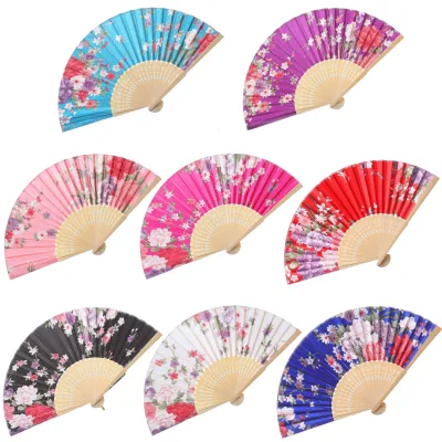 Chinese Vintage Folding Fan Floral Wooden Rib Hand Fan Wedding Party Dance Accessory