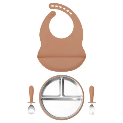 New 3-Piece Baby Feeding Set with Suction Plate Baby Products Stainless Steel & Safe Silicone Tableware for Children's Dining