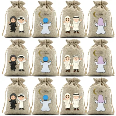 Islamic Calendrier Avent Candy Bags Ramadan Linen Wrapping Bags with String Party Gift Bag Muslim Decoration