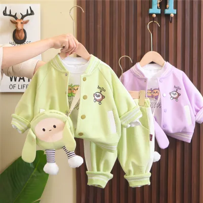 Girls Spring Suit New Fashionable Casual Long-Sleeved Three-Piece Set Kidsren's Baseball Uniform for Ages 1-5 Years Cartoon