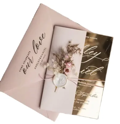 Luxury Elegant Blush Pink Mirror Glamour Valentines Day Clear Plexi Wedding Invitations Card with Velvet Envelope