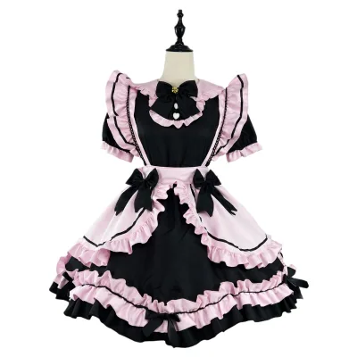 New Japanese Department Lolita Black Pink Maid Outfit Cos Sweet Girl Cute Cat Bow Soft Girl Suit
