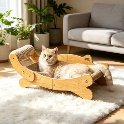 Pet Adjustable Natural Wood Scratch Bed With Integrated Toy Roller for Kitten Daily Play and Comfortable Resting Space