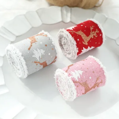 New Cross-Border Christmas Reindeer Gift Box Decoration Ribbon with White Velvet Edges Ornament
