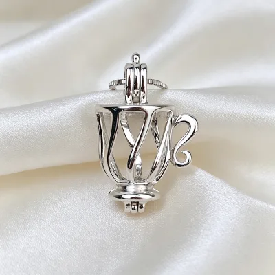 S925 Silver Plated Teapot Pearl Cage Pendant Openable Hollow Locket Charm Fit 8.5mm Under Loose Beads Jewelry Making Supplies
