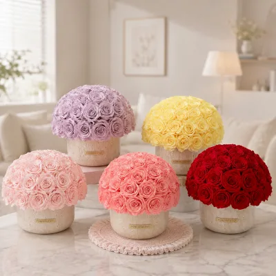 AYOYO Luxury Customizable Rose Hug Bucket Yellow Travertine Preserved Rose Mushroom Head Valentine's Day Gift