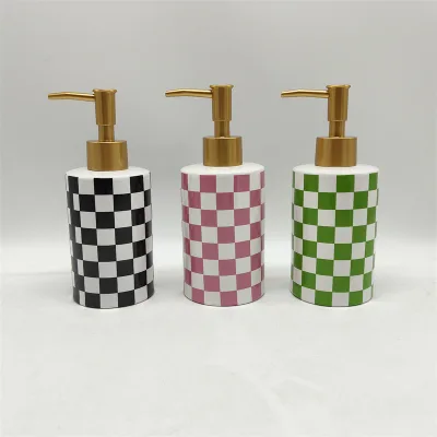 Checkered Soap Dispenser with Golden Pump Black and White Ceramic Soap Bottle for Kitchen Bathroom Hand Soap Containers