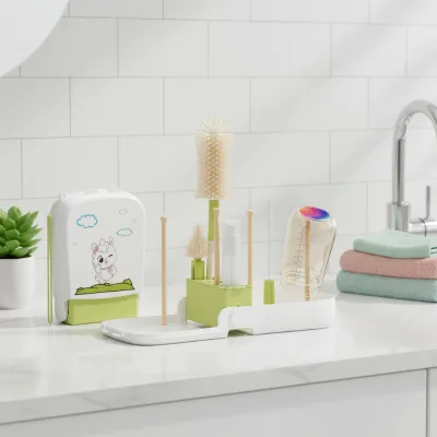 Wholesale OEM Portable Baby Bottle Cleaning Set, Custom Logo Silicone Brush with Collapsible Drain Rack