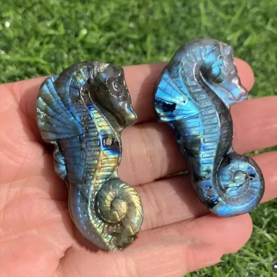 Labradorite Hand Carved Seahorse Crystal Figurine Natural Flashy Labradorite Stone Hippocampus Sculpture Healing Decor Gift
