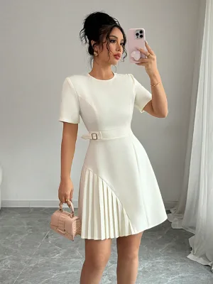 IStapromo Gifts Fashionable Temperament Dress, Slim Fit, Waist Cinching, Pleated Short Sleeved Workwear, Short Skirt