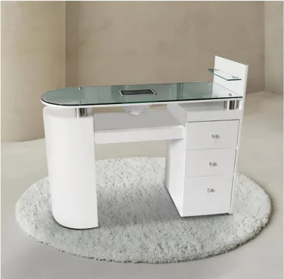 Luxury Salon Glass Top Manicure Table with Iron Frame and Vacuum Cleaner for Nail Artists