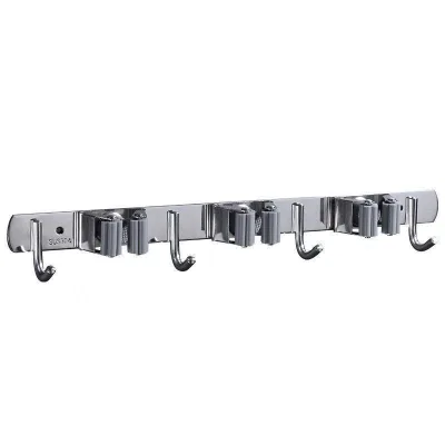 Punch-Free Stainless Steel Mop Holder, Wall Mounted Broom & Mop Storage Rack, Bathroom Organizer Hook