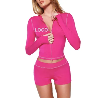 Women Y2K Clothing Custom Deep V Collar Crop Top Hoodie Set 2 Piece Hoodie Shorts Sets for Women Two Piece Loungewear Women Sets