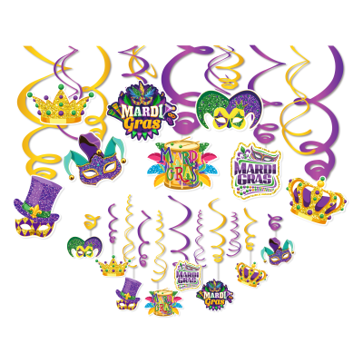 30 PCS Mardi Gras Party Masquerade Gold Green Purple Foil Swirl Decorations for Carnival Party Supplies