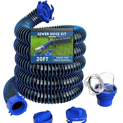 RV Camper Sewer Hose Kit 20 Ft Swivel Fitting 90 Degree Clear View Adapter 2 Storage Caps TPE & Vinyl Material