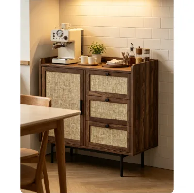 Dark Walnut Sideboard Cabinet, Rattan-Style Accent Storage Unit with 1 Door & 3 Drawers