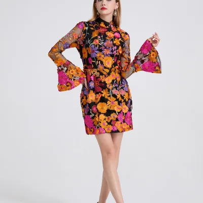 Banquet Party Dress Autumn New Embroidered Flower Stand Collar Trumpet Long Sleeved Elegant Dress