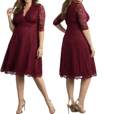 2024 Modern Half Sleeve V-neck Knee Length Plus Size Lace Mother of the Bride Dresses for Wedding