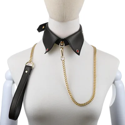 Uniquely Styled Bdsm Bondage Body Restraint Fetish Collar Sign Shape Collar with Chain Leash for Slave Submissive