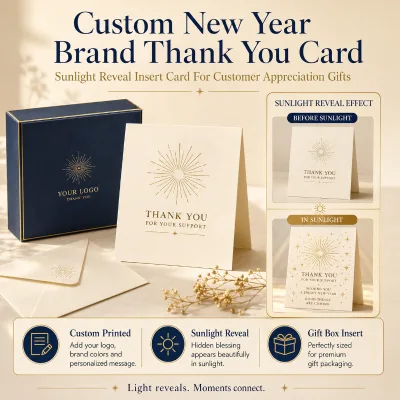 Custom New Year Thank You Card with Sunlight Reveal Effect Brand Gift Box Insert Card OEM Private Label Holiday Printed Card
