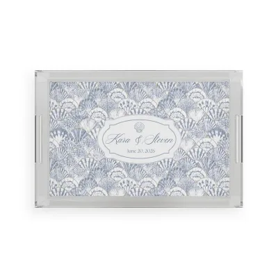 Personalized Blue Seashell Pattern Acrylic Serving Tray With Metal Side Handles | Custom Names & Date Lucite Wedding Vanity Tray