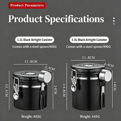 Airtight Eco-Friendly 304 Stainless Steel Coffee Storage Canister One-way Valve Date Tracker Scoop for Coffee Sugar Flour (Large