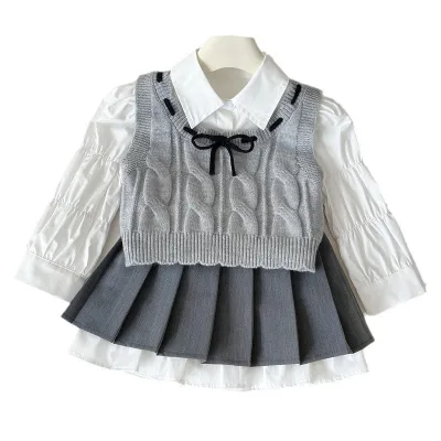 New Girls' Spring Fashion Three-Piece Casual Suit Long-Sleeved Solid Pattern  Pleated Skirt with Bow  Vest