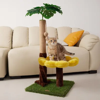 33.86" Tall Sunflower Cat Tree with Scratching Posts and Sisal Rope Cat Scratcher Platform and Danging Balls for Large Cat