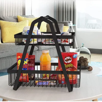 2 Tier Fruit Storage Basket Countertop for Kitchen, Bread Vegetable Fruit Basket Bowl Stand Detachable Rectangular Wire Basket