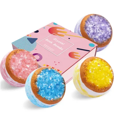 Custom Organic Bath Bomb with Healing Crystal Glitter Tea Tree Oil Lavender Rose Aromas for Spa Home Use OEM Service Available