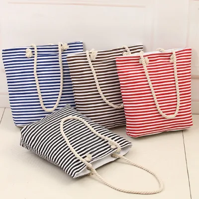 Custom Printed Stripe Pattern Cotton Canvas Tote Shopping Bag Standard Size Rope Leather Handles Supermarket Gift Shoulder Bag