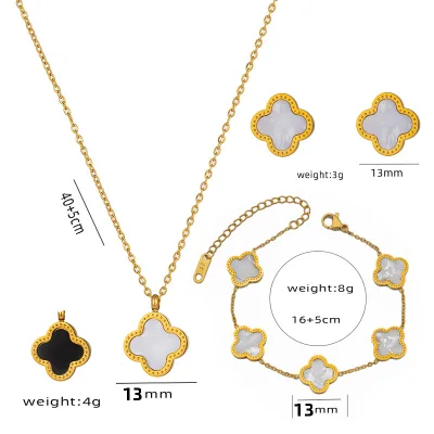 New Clover Double Side Stainless Steel Waterproof Pendant Fashion Jewelry Necklaces Bracelets Earrings Sets Wholesale