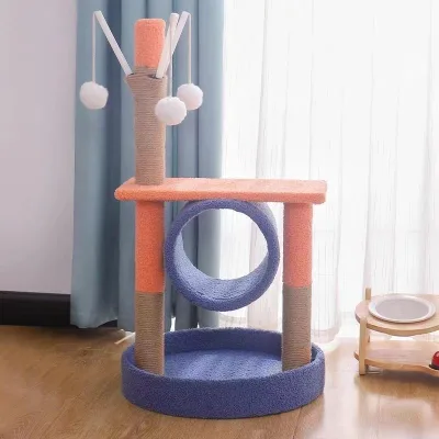 Fashion Mixed Color Cat Tree Cat Climbing Frame With 3 Hanging Balls Tunnel Jumping Platform