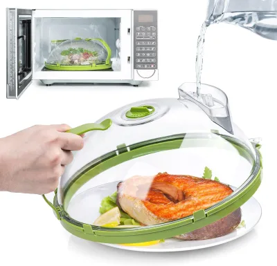 10 Inch Clear Microwave Splatter Cover with Handle Plastic Plate Covers for Food Steam Vents and Water Storage Box