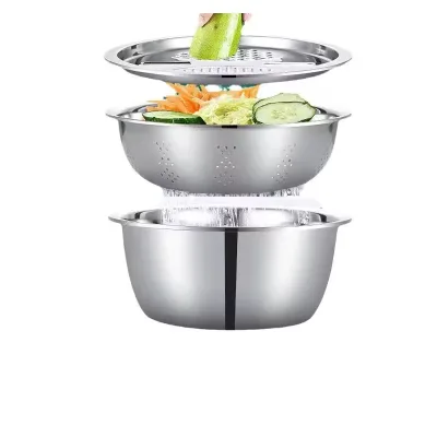 Multifunctional Eco-Friendly Stainless Steel Wire Cutting Bowl Three-piece Set Household Kitchen Metal Wire Cleaning Cover Food