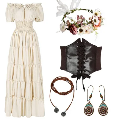 Carnival Halloween 5 Pcs Renaissance Medieval Costume Dress Women Fairy Peasant  Victorian Fantasy Machine Washable S-3XL Stock
