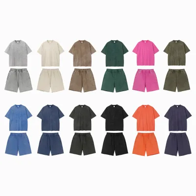 High Quality Acid Wash Shorts Oversize Plain Blank T-Shirt and Short Set 100%Cotton Heavyweight Loose T-Shirt Shorts Set